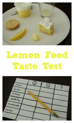 the lemon food taste test is displayed on a white plate with a yellow pencil next to it