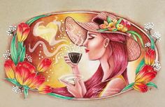 a drawing of a woman with a hat holding a cup of coffee in her hand