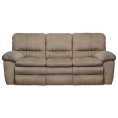 the reclining sofa is beige and has two pillows on it, while the back ends are