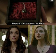 an image of a woman holding a box with a necklace in it and the caption says, hayley's crescent moon necklace