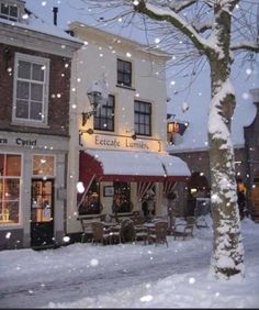 the outside of a restaurant with snow falling on it