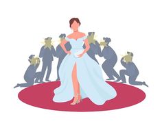 a woman in a blue dress standing on a red carpet with silhouettes behind her