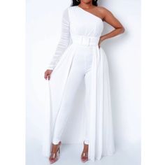 Stylish One Shoulder Jumpsuit With Sheer Train And Attached Belt - Runs Size(S) S, M & L Jumpsuit Elegant Wedding, Wedding Shower Outfit, Country Style Wedding Dresses, Wedding Dress Jumpsuit, Short Hair Designs, Shower Outfits, All White Party, White Fashion Casual, Off Shoulder Jumpsuit