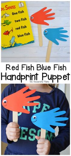 the red fish blue fish handprint puppet is an easy craft for kids to make