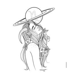 a drawing of a girl with long hair wearing a hat and flowers on her head