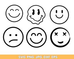 four smiley faces with different expressions in black and white, on an orange background text says svg png jpc dxf eps