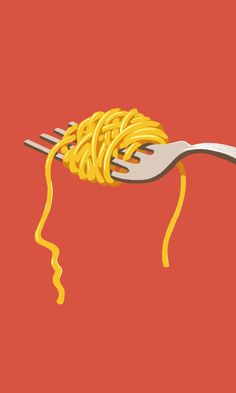 a fork with spaghetti stuck in the head of a person's head, on red background