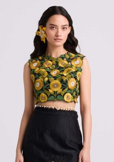 Black Sunflower Crop Top by Chandrima available on Indiaspopup.com Elegant Summer Festive Embroidered Top, Elegant Summer Tops For Reception, Fitted Tops For Spring Reception, Summer Reception Embellished Choli, Party Crop Top With Resham Embroidery, Summer Blouse With Intricate Embroidery, Chic Fitted Crop Top With Floral Embroidery, Floral Embroidery Cropped Party Top, Traditional Summer Festive Crop Top