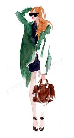 a watercolor painting of a woman carrying a handbag and wearing sunglasses, with her hair blowing in the wind