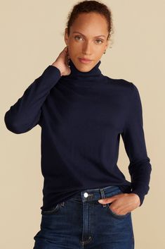 Slip into something special. Carrie is a luxurious yet lightweight turtleneck sweater crafted from 100% recycled cashmere. Its classic style makes it a worthy investment. DESIGN- Slim fit. Size up for a more relaxed look.- Mid-gauge knit turtleneck, long sleeves, with rib stitch detail around the shoulders and a placed stripe.- Length: 24"FABRIC & CARE- 100% recycled cashmere- non-toxic dyes- Ethically made in China.- Dry clean only.SUSTAINABILITY- This product was created using considered mater Recycled Cashmere, Navy Blue Long Sleeve, Rib Stitch, Knit Turtleneck, Sweater Sale, Supply Chain, Jacket Sale, Denim Pant, Cardigan Jacket