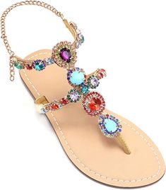 Beaded Rhinestone Summer Elegant Sandal Rubber sole Finished with a slightly padded faux leather insole for all day comfort, rubber out-sole provides added support. Adjustable Rhinestone Sandals With Round Toe, Adjustable Rhinestone Sandals, Summer Jeweled Open Toe Sandals, Multicolor Rhinestone Sandals For Summer, Summer Multicolor Sandals With Rhinestones, Embellished T-strap Sandals For Summer, Multicolor Rhinestone Beach Sandals, Summer Beaded Slip-on Sandals, Embellished Open Toe T-strap Sandals For Summer