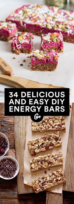 four delicious energy bars on a cutting board with the text, 54 delicious and nutritious energy bars