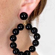 Gold And Black Ball Hoop Earrings Black Dangle Pearl Earrings, Black Pearl Drop Earrings For Party, Black Pearl Drop Jewelry For Party, Black Pearl Drop Party Jewelry, Black Beads Round Earrings For Party, Black Small Hoop Jewelry For Parties, Black Round Pearl Drop Jewelry, Black Beaded Round Earrings For Party, Black Pearl Drop Round Jewelry