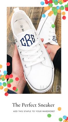 Complete your personalized wardrobe from head to toe with these white monogrammed sneakers! They pair perfect with any outfit and add a mixture of classy, sporty, casual and preppy to any look! Low-top Canvas Shoes With Embroidered Logo For Spring, Spring Low-top Canvas Shoes With Embroidered Logo, Low-top Embroidered Canvas Shoes For Spring, White Cotton Canvas Shoes With Embroidered Logo, White Canvas Shoes With Embroidered Logo, Perfect Sneakers, Monogram Outfit, Marley Lilly, Sunglasses Strap