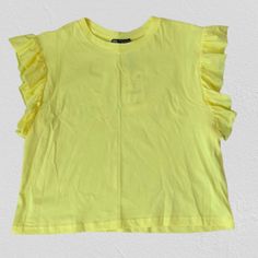 Zara Yellow Ruffle Sleeve Cropped Slightly Oversized Shirt Tiny Hole Near Armpit. See Photos For Measurements And Fabric Content. Solid Color T-shirt With Ruffle Sleeves For Spring, Trendy Ruffled Crew Neck Blouse, Trendy Crew Neck Blouse With Ruffles, Trendy Tops With Ruffle Sleeve And Relaxed Fit, Trendy Tops With Relaxed Fit And Ruffle Sleeves, Trendy Relaxed Fit Top With Ruffle Sleeves, Trendy Ruffled T-shirt For Spring, Trendy Ruffle Sleeve Tops For Summer, Casual Summer T-shirt With Ruffle Sleeves