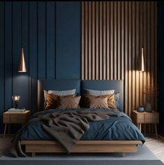 a bedroom with blue walls and wooden furniture