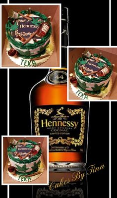 a bottle of hennessy's birthday cake is shown in four different pictures