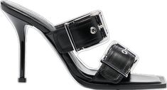 Modern Calf Leather Heels With Heel Loop, High Heel Sandals With Buckle Closure, Chic Office Sandals With Buckle Closure, Modern Mules With Buckle Closure And Single Toe Strap, Elegant Open Toe Business Sandals, Modern Evening Heels With Rectangular Buckle, Modern Heels With Rectangular Buckle For Evening, Modern Leather Office Sandals, Office Open Toe Sandals With Buckle Closure