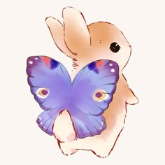 a rabbit holding a blue butterfly in its paws