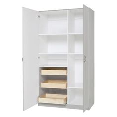 a white cabinet with shelves and drawers