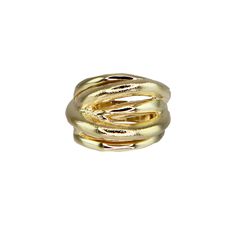 -18k gold plated multi-band ring with hammered and polished textures -Handmade in Brazil - Please note that our brand uses natural semi-precious stones--each piece has a unique texture, shine, and color Gold Hammered Wide Band Ring, Modern Twist Gold Open Band Jewelry, Gold Fusion Style Ring Jewelry, Modern Twist Gold Stackable Rings, Adjustable Gold Hammered Stackable Rings, Gold-plated Wide Band Rings, Gold Plated Wide Band Gold Ring, Gold Stackable Jewelry With Wide Band, Gold Hammered Thick Band Jewelry