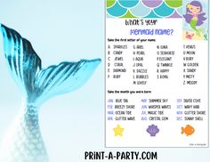 a printable mermaid party game with the words what's your mermaid name?