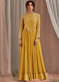 Yellow Crepe Anarkali With Embellished Neckline And Draped Dupatta Nidhika Shekhar - Fabilicious Fashion Scallop Collar, Long Anarkali, Embellished Neckline, Indian Gowns, Pernia Pop Up Shop, Anarkali, Aza Fashion, Indian Dresses, Neck Designs