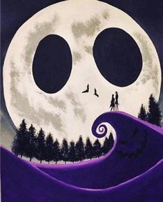 a painting of two people standing in front of a full moon with trees on it