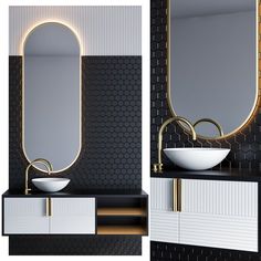 a sink and mirror in a room with black tiles on the walls, and gold accents