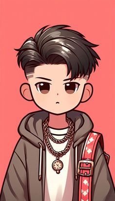 an anime boy with black hair wearing a hoodie and some necklaces on his neck