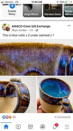 an image of a blue and brown vase on the twitter account for maco cone 6 / 6 exchange