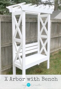 a white bench sitting in front of a fence with the caption, mylovestcreate