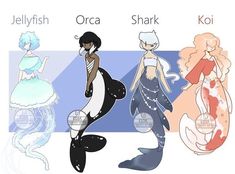 four different types of mermaids are shown in this image, one is black and the other is white