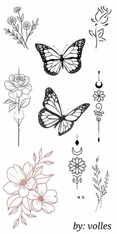 butterflies and flowers are shown in black and white, with the words by vollies