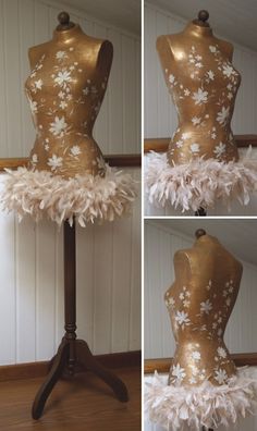 three pictures of a mannequin with white flowers and feathers on it, all in gold