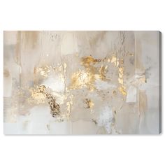 an abstract painting with gold and white paint on the wall, it looks like something out of