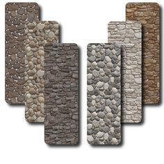 a set of five different colored stone wall panels with various sizes and colors on them