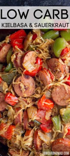 one pan kielbasa and sauerkraut casserole with sausages, peppers, and onions