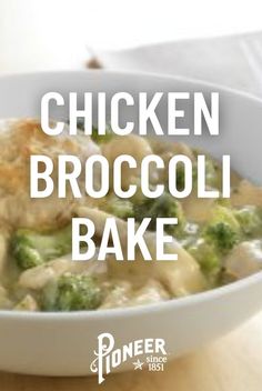 chicken broccoli bake in a white bowl