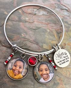 "Mom bracelets feature your favorite photo, Mom saying engraved in stainless steel, matching beads, and your choice of rhinestone color. Options to add more photos and rhinestones are available at checkout. These make great gifts!! INCLUDES: - Photo Charm - Saying as shown - Rhinestone (your choice of color) - Matching Beads Bracelets are made of stainless steel and come in 3 sizes: - Large 2.6\" (larger wrists/hands) - Average 2.4\" (fits most) - Child 2.0\" (elementary school age or tiny wrist Matching Beads Bracelets, Mom Bracelets, Photo Charm Bracelet, Air Force Gifts, Vintage Charm Bracelet, Moms Bracelet, Photo Charms, Beads Bracelets, Memorial Necklace