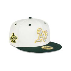 The Oakland Athletics Mascot Pin 59FIFTY Fitted Cap features an embroidered Athletics logo at the front panels with a matching MLB Batterman logo at the rear. Additional details include a team mascot pin at the left-wear side, a 30th Anniversary patch at the right-wear side, and a gray undervisor. Snapback Baseball Cap For Fan Events, Throwback Team-colored Baseball Cap For Fans, Baseball Season Team Logo Cap For Fans, Green Fitted Hat For Baseball Season, Retro White Hat With Logo Patch, White Retro Hat With Logo Patch, Retro Fitted Cap For Fan Gear, Team-colored Baseball Cap With Logo Patch For Fans, Team-colored Throwback Baseball Cap