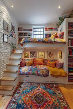 there is a loft bed in the middle of this room with stairs leading up to it