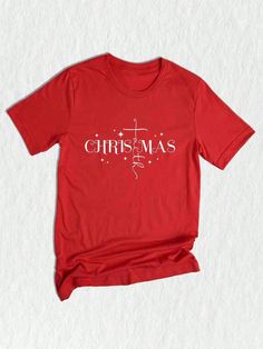 Introducing our Christmas Faith Shirt, a perfect addition to your holiday wardrobe. This Christmas Tee features a powerful message, "Jesus Is the Reason," beautifully displayed alongside a Faith Cross design. It is not only a stylish piece but also a meaningful reminder of the true spirit of Christmas. This shirt makes an ideal Christmas gift and is suitable for wearing to any Christian event. Embrace the festive season with our Christmas Faith Shirt and proudly showcase your faith.Christmas Faith Shirt, Christmas Tee, Jesus Is The Reason, Faith Cross T-Shirt, Christmas Gifts, Christian Tee. Red Casual  Short Sleeve  Animal,Cartoon,Christmas,Colorblock,Figure,Geometric,Graphic,Letter,Striped,Plants,Textured Pattern    Women Clothing, size features are:Bust: ,Length: ,Sleeve Length: Christian Christmas Shirt Ideas, Christian Christmas Shirts Vinyl, Christmas Tshirts Christian, Christmas Tshirts Vinyl Faith, Christmas Scripture Shirt, Marine Outfit, Plant Texture, Gifts Christian, Christmas T Shirt Design