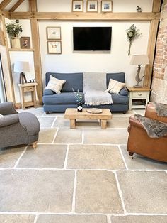 a living room filled with furniture and a flat screen tv mounted on the wall above it