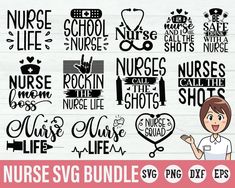 nurse svg bundle with nurse and nurse's name in different styles, including the nurse