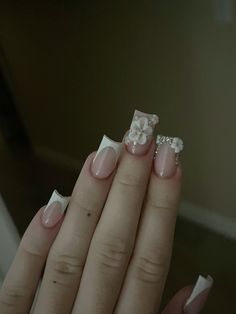 nails, nail inspo, acrylic nails, acrylics, acrylic nail inspo, fake nails, french tips, bling nails, 3d flower nails Short Square Acrylic Nails 3d Flowers, Coquette Nail Inspo Square, Cute Simple Square Nails, Short Acrylic Nails With Gems, Short Nails With 3d Flowers, Short Nails Rhinestones, Short 3d Flower Nails, Short Nails Bling