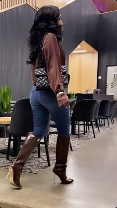 Classy Winter Outfits Black Women Date Night, Jeans And Long Boots Outfit, Stilleto Heel Outfits, Date Night Outfit Fall Dinner Black Women, Cute Grown Woman Outfits, Dark Skin Outfit Women, Winery Outfit Fall Wine Tasting Black Women, Baddie Autumn Outfits, Casual Winter Outfits Baddie