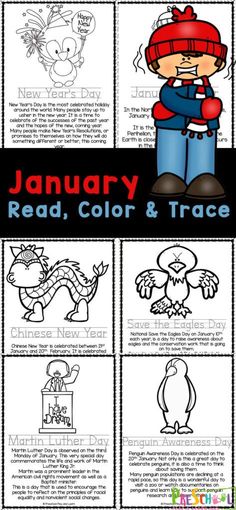 january read, color and trace worksheet for kids to practice reading the month