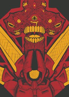 a red and yellow poster with an image of a demon on it's face