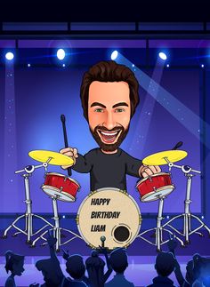 a caricature of a man playing drums in front of an audience at a birthday party